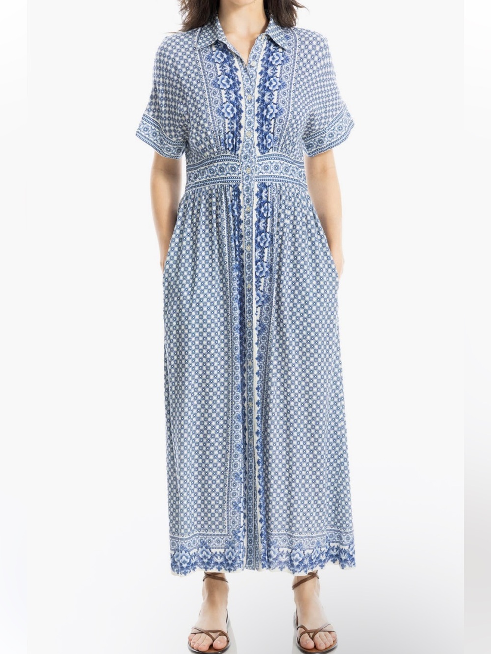 Max Studio Blue Magnolia Short Sleeve Maxi Shirt Dress